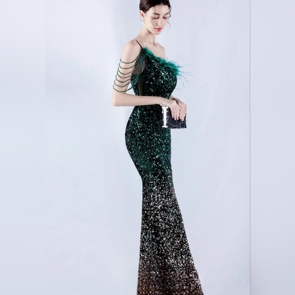 Green and Gold Sequin Gown with High Slit - Picture 7 of 16